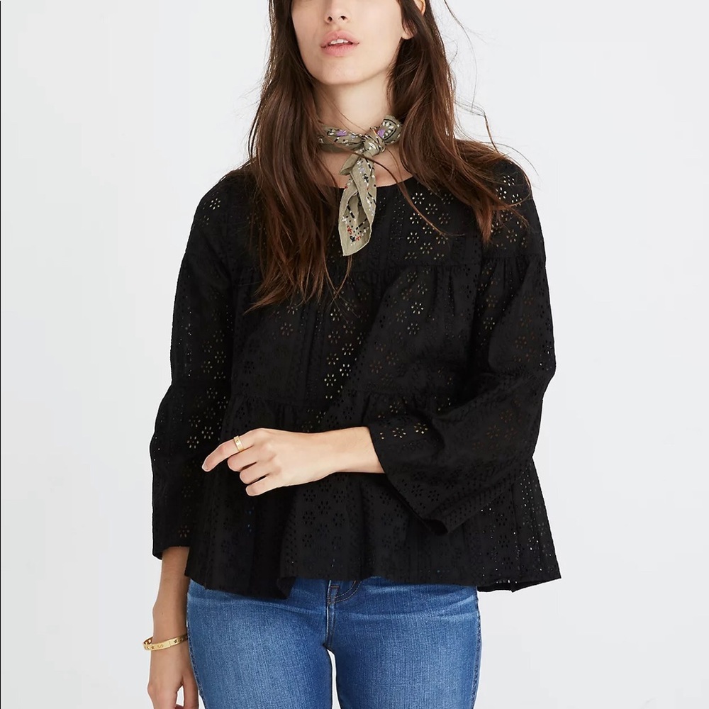 MADEWELL Black Eyelet Tiered Button-Back Top Size XL